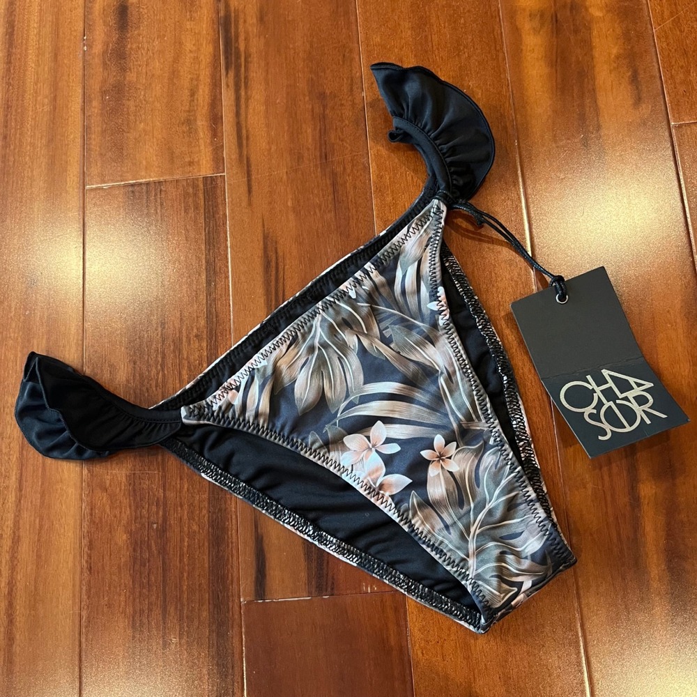 Chaser Floral Ruffle Bikini Bottom Green Black Tropical Low Rise Swim New Medium